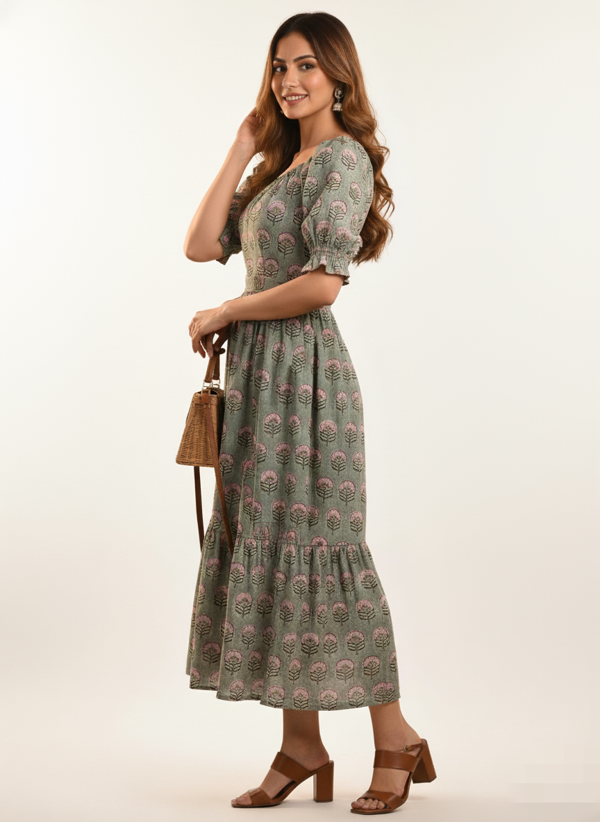 Sage green Floral midi dress