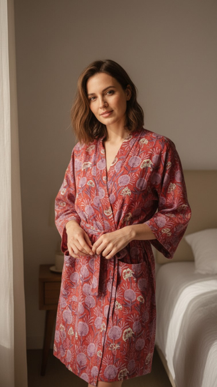 Woman wearing a red floral patterned robe in a bedroom setting.