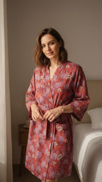 Woman wearing a red floral patterned robe in a bedroom setting.