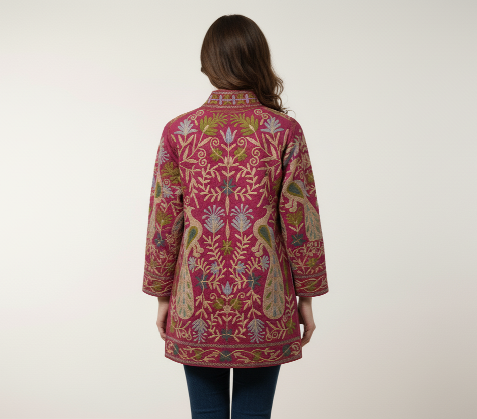 Hand Embroidered Kashmiri Cotton Slub Jacket | Maroon Peacock Coat