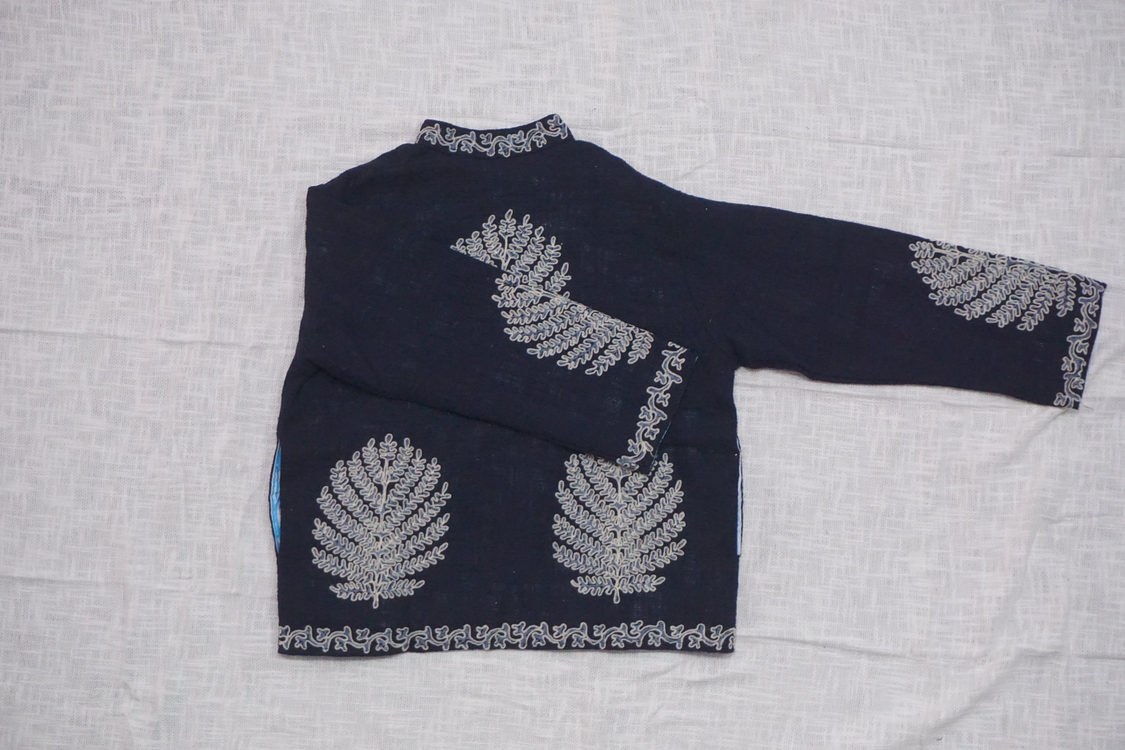 Unisex Navy Blue Embroidered Velvet Jacket | Luxury Hand-Embroidered Designer Coat | Silver Floral Quilted Winter Outerwear | Boho Festival