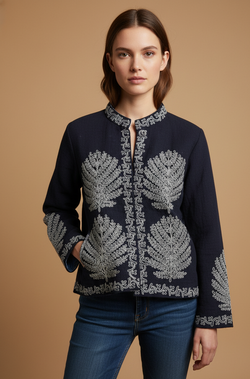 Unisex Navy Blue Embroidered Velvet Jacket | Luxury Hand-Embroidered Designer Coat | Silver Floral Quilted Winter Outerwear | Boho Festival