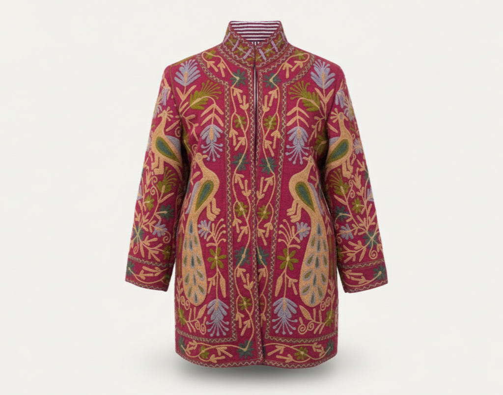 Hand Embroidered Kashmiri Cotton Slub Jacket | Maroon Peacock Coat