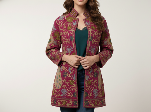 Hand Embroidered Kashmiri Cotton Slub Jacket | Maroon Peacock Coat