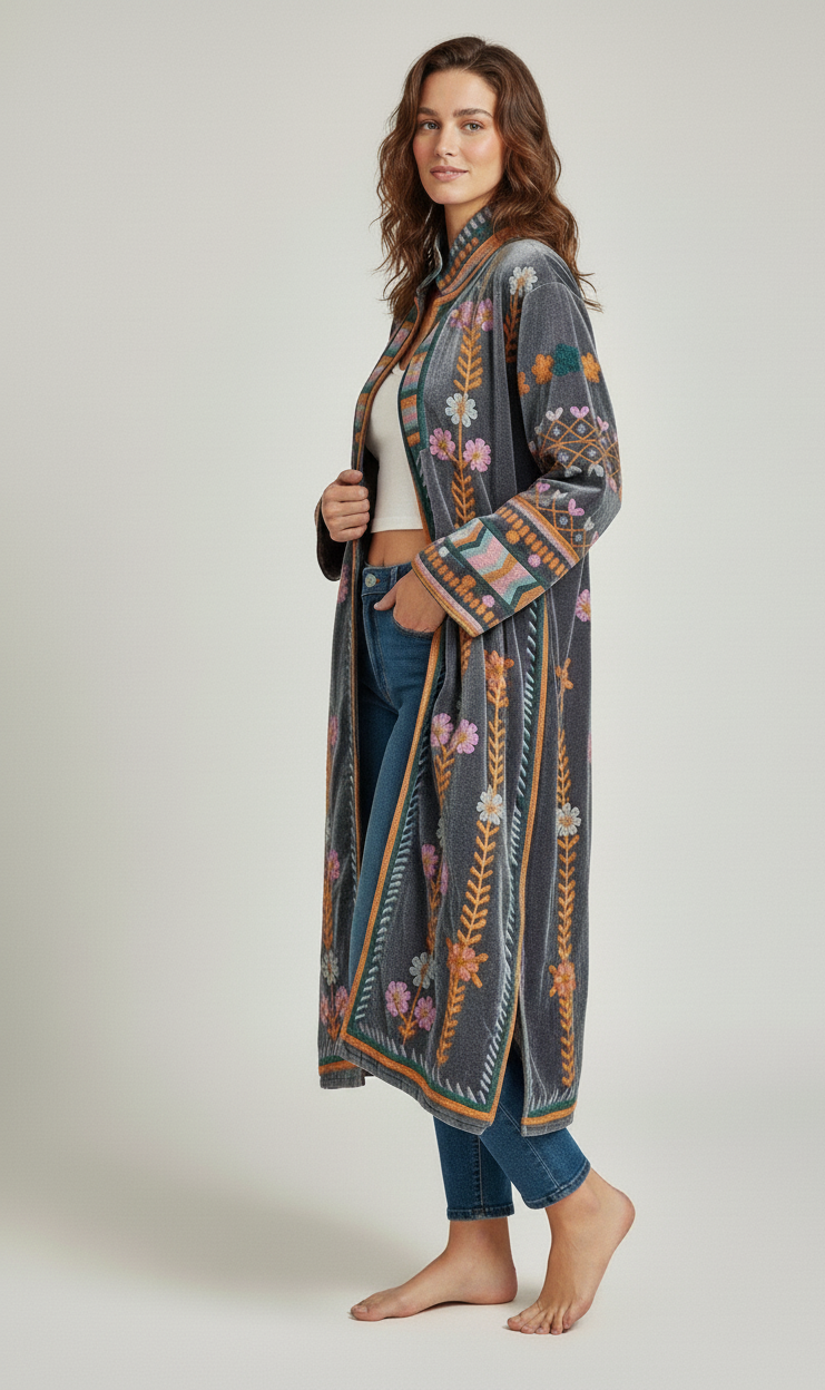 Embroidered Floral Velvet Duster Coat - Grey Boho Longline Jacket