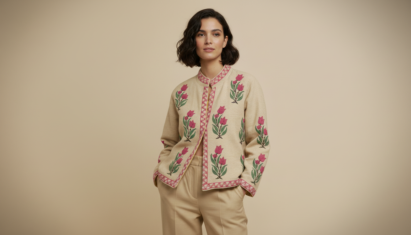 Blue Bloom Embroidered Cotton Slub Jacket | Artisan Boho Outerwear | Handmade in Jaipur