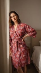Woman wearing a red floral robe in a bedroom setting