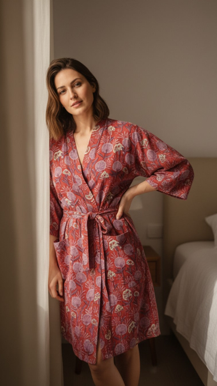 Woman wearing a red floral robe in a bedroom setting
