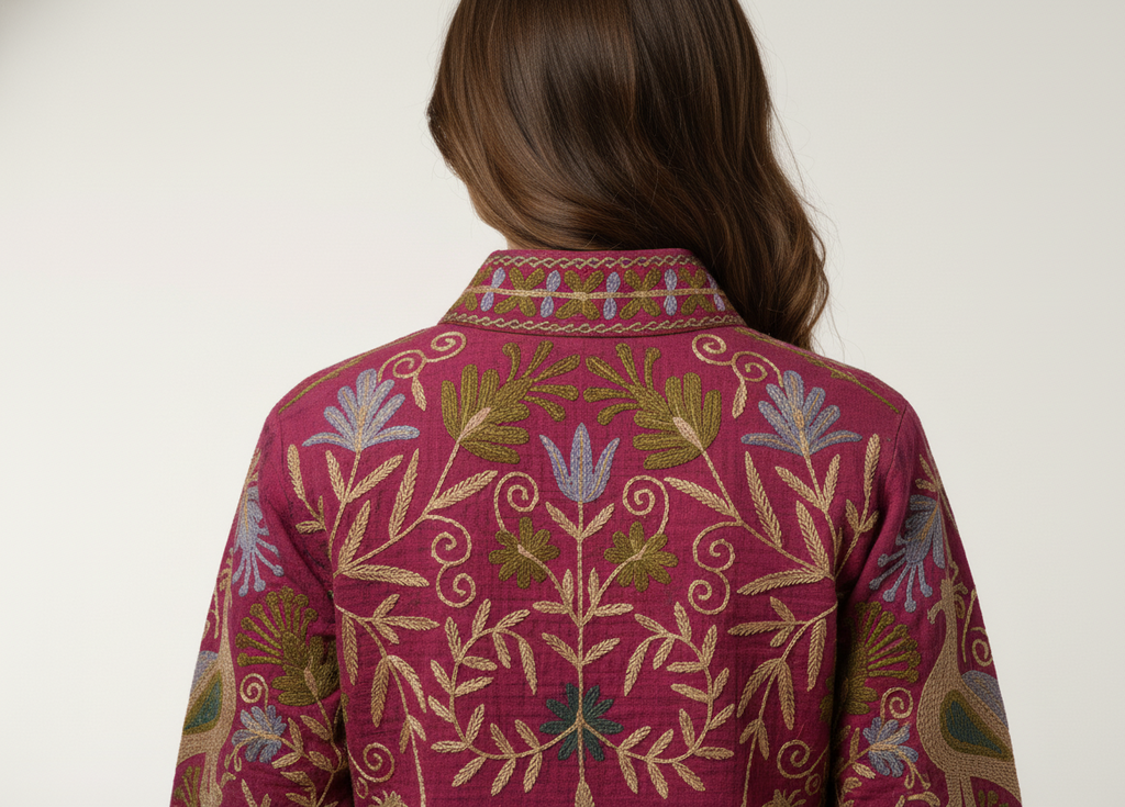 Hand Embroidered Kashmiri Cotton Slub Jacket | Maroon Peacock Coat