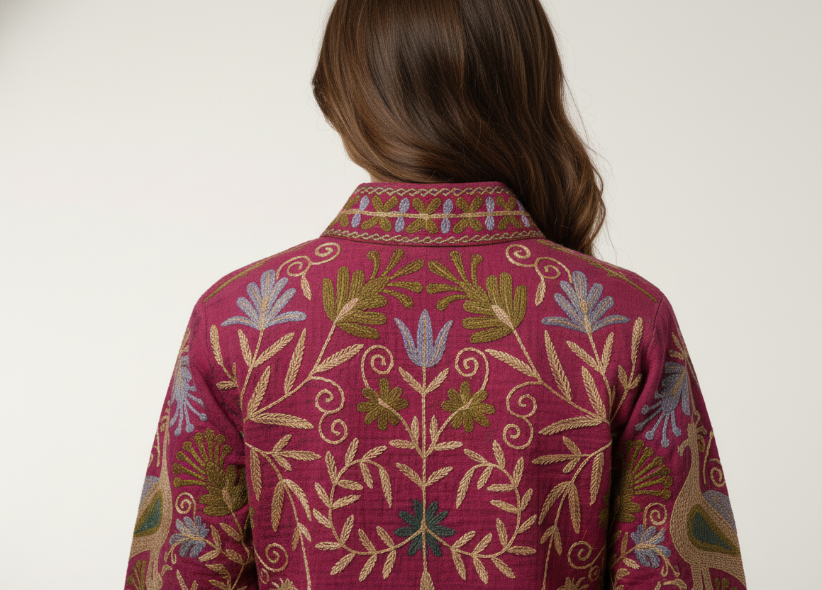 Hand Embroidered Kashmiri Cotton Slub Jacket | Maroon Peacock Coat