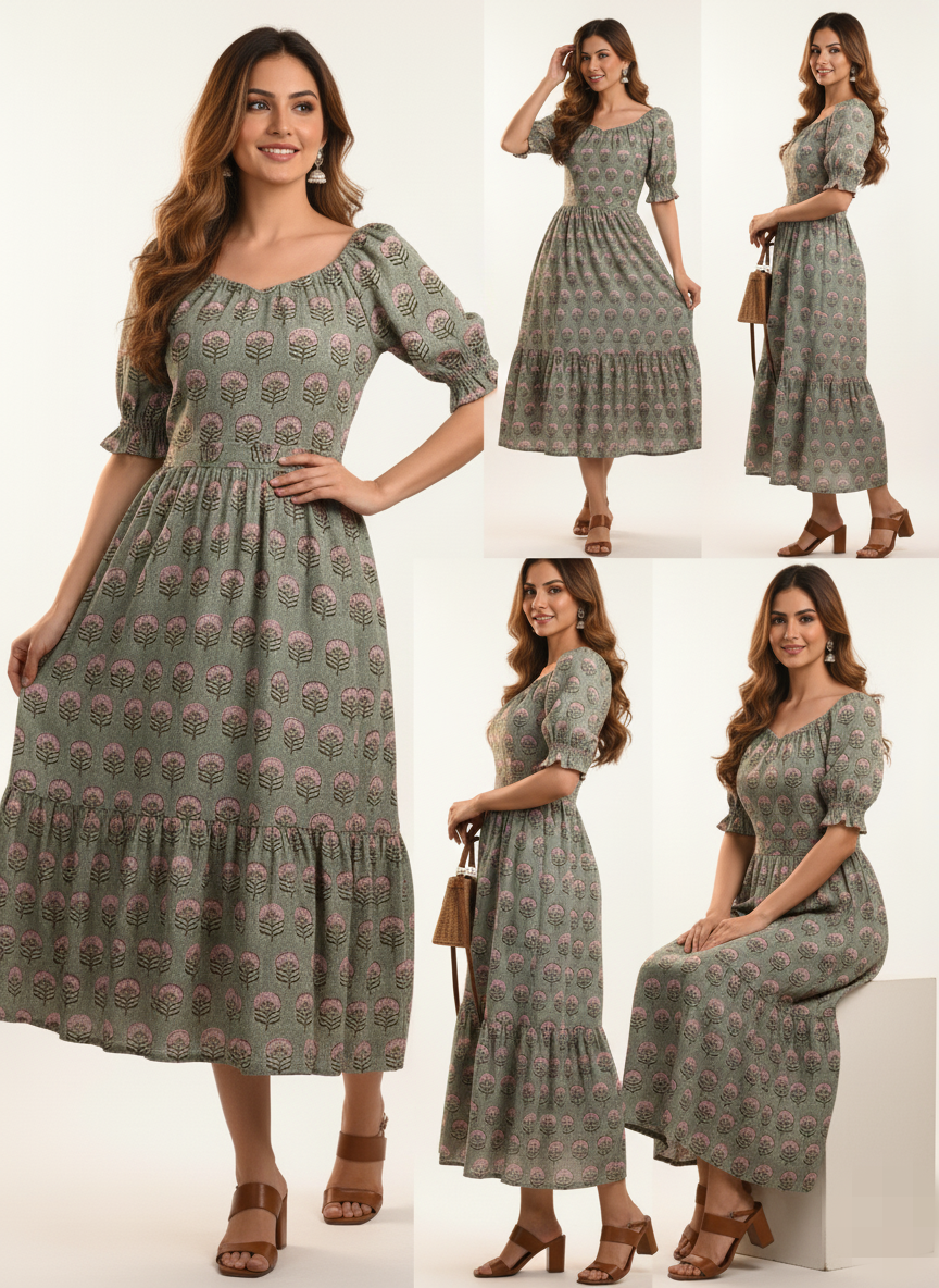 Sage green Floral midi dress