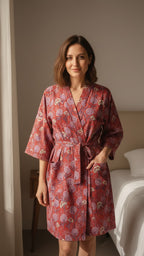 Woman wearing a red floral robe in a bedroom setting