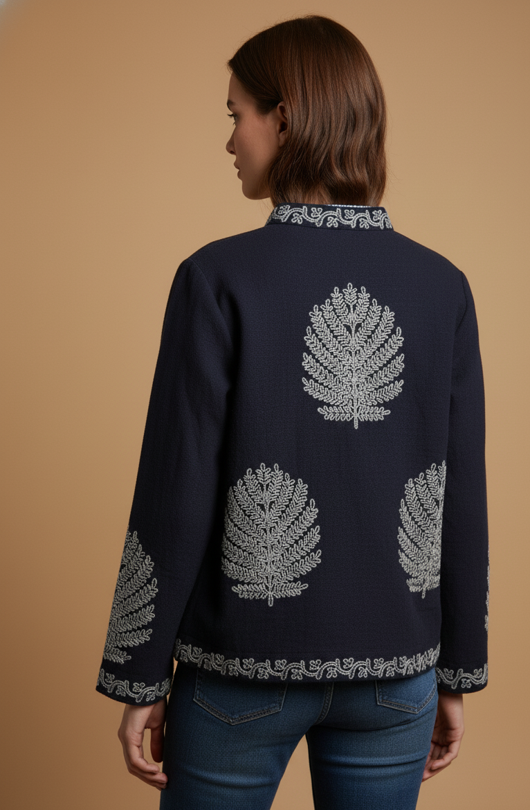 Unisex Navy Blue Embroidered Velvet Jacket | Luxury Hand-Embroidered Designer Coat | Silver Floral Quilted Winter Outerwear | Boho Festival