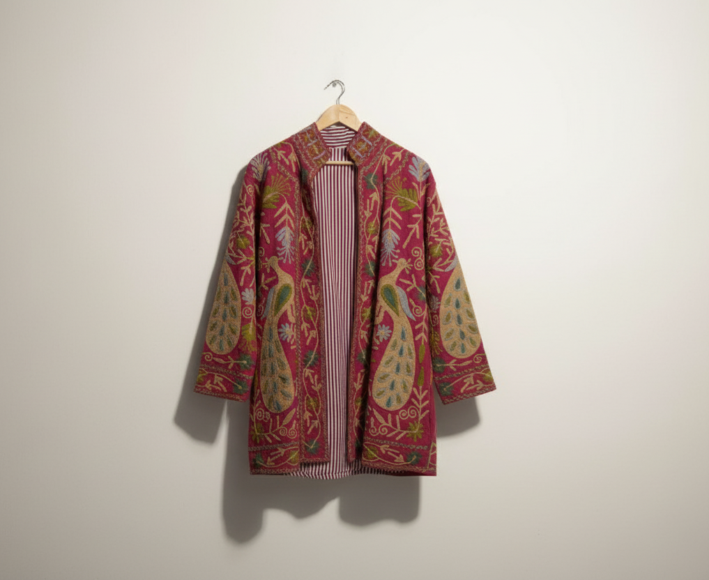 Hand Embroidered Kashmiri Cotton Slub Jacket | Maroon Peacock Coat