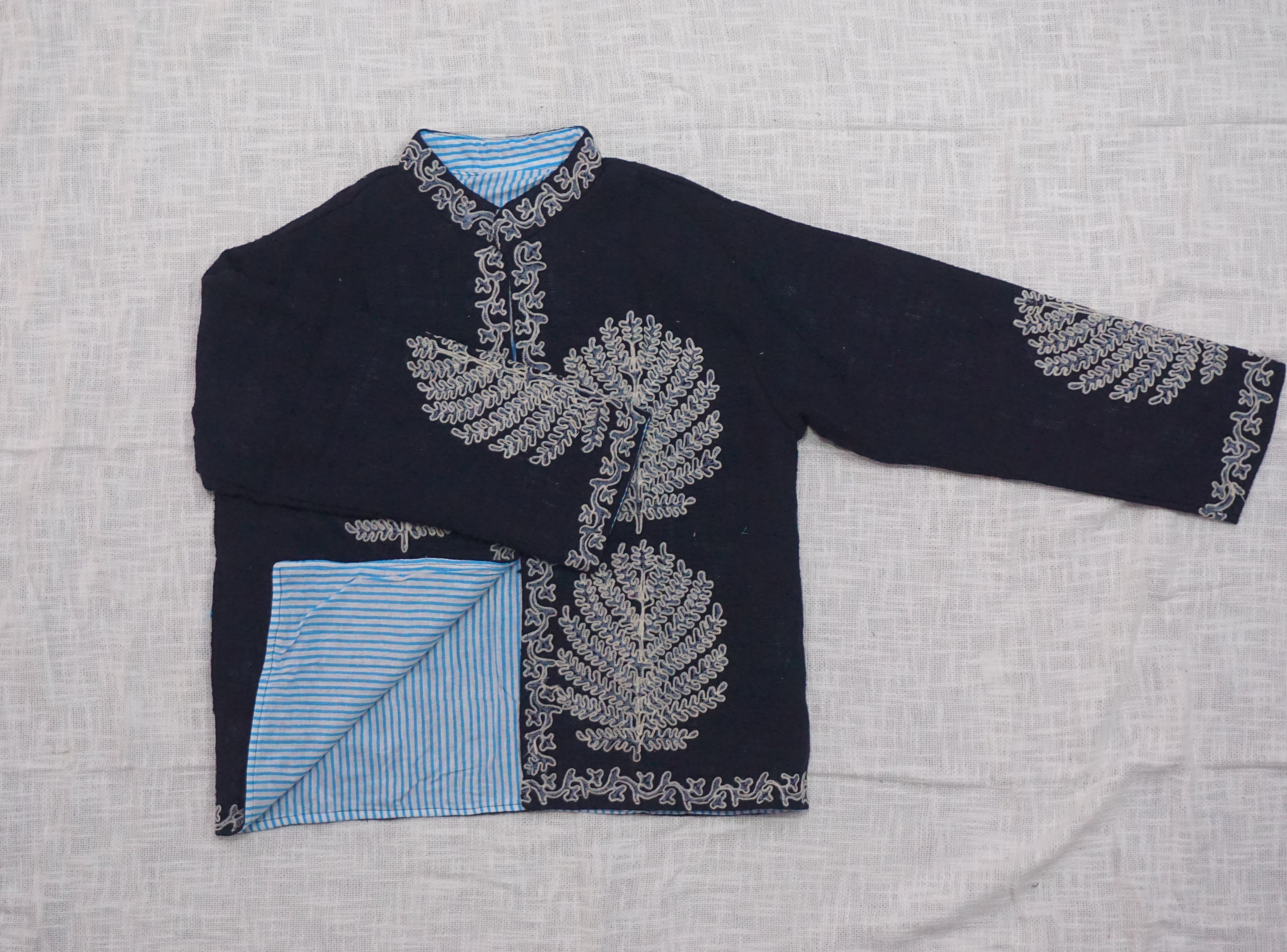 Unisex Navy Blue Embroidered Velvet Jacket | Luxury Hand-Embroidered Designer Coat | Silver Floral Quilted Winter Outerwear | Boho Festival