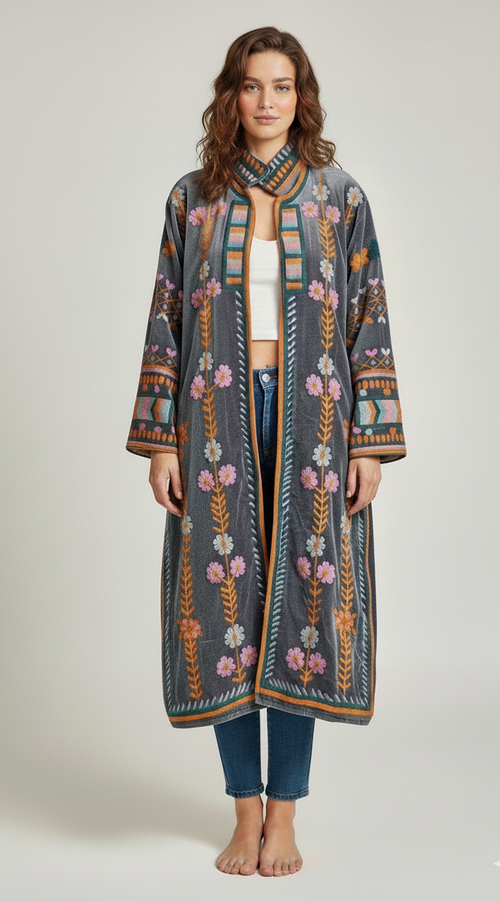 Embroidered Floral Velvet Duster Coat - Grey Boho Longline Jacket