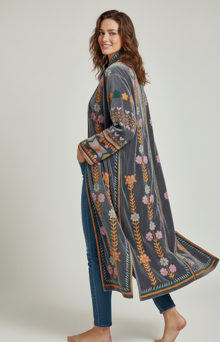 Embroidered Floral Velvet Duster Coat - Grey Boho Longline Jacket
