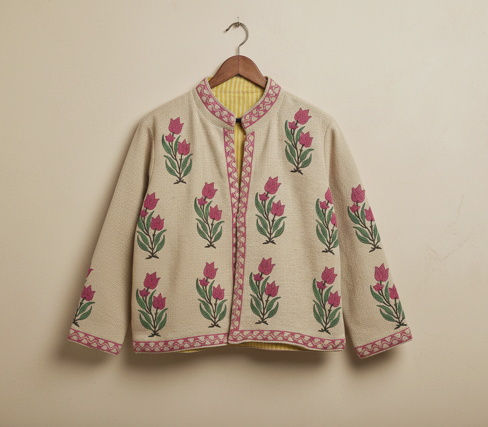 Blue Bloom Embroidered Cotton Slub Jacket | Artisan Boho Outerwear | Handmade in Jaipur