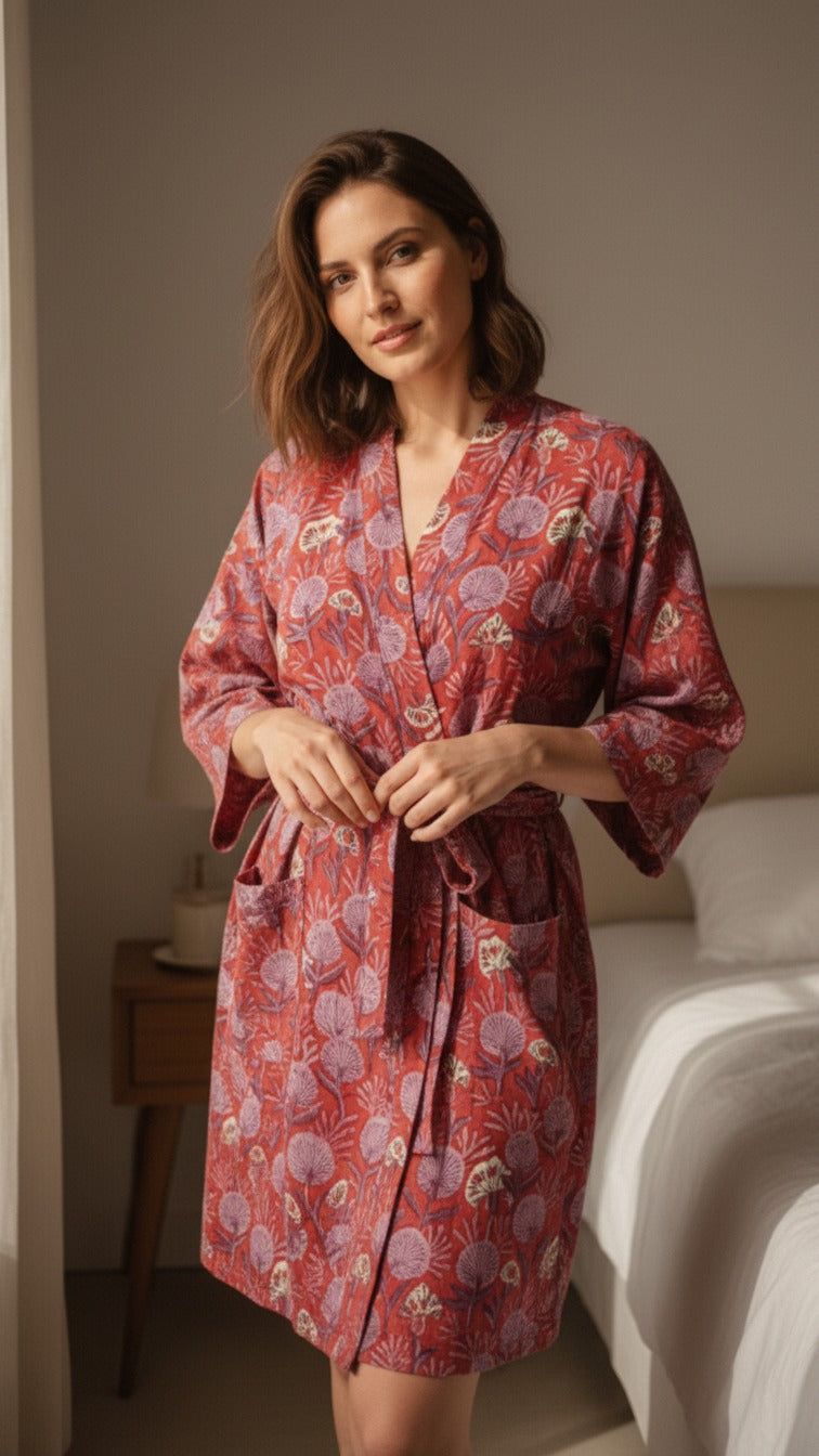 Woman wearing a red floral robe in a bedroom setting