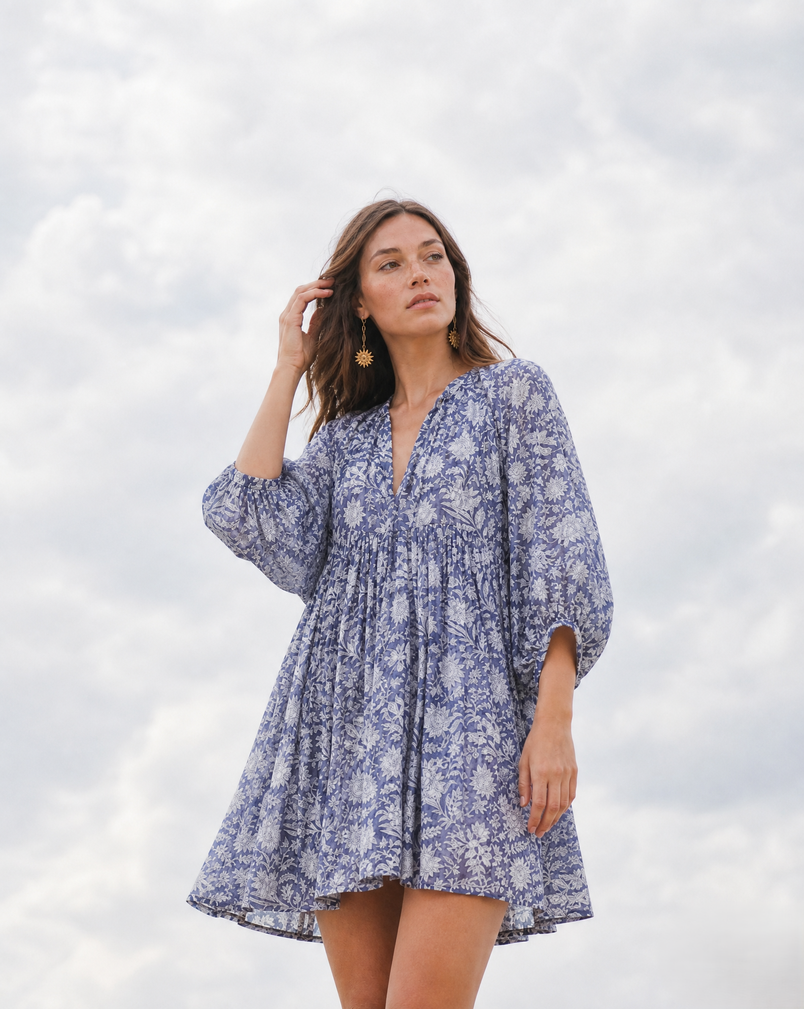 Lavender Meadow Mini Dress - hand block print cotton dress, detail view