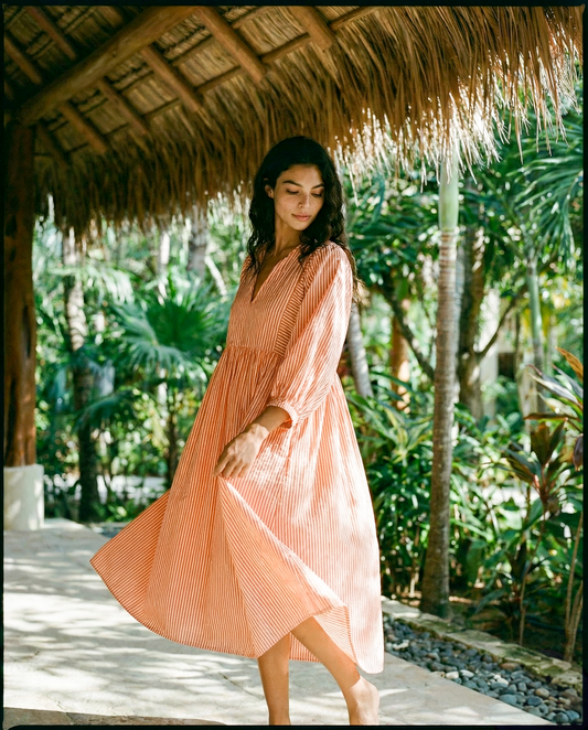 Saffra Midi Dress – Coastal Stripe — peach striped dress, full-length three-quarter view