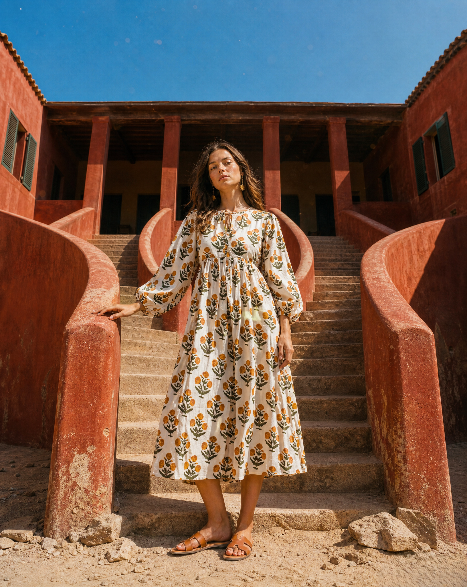 Gulab Midi Dress Golden Marigold styled for everyday resort wear