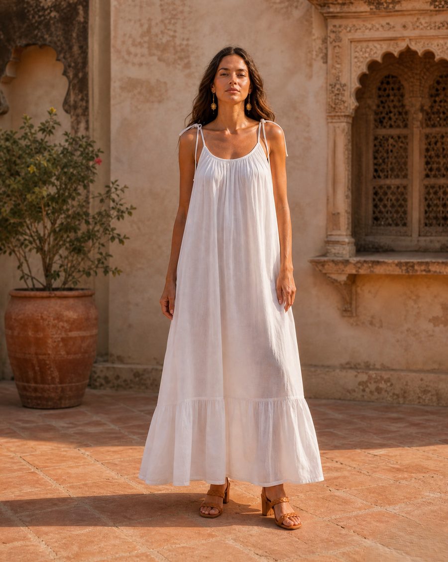 Model wearing the Ivory Whisper hand block print maxi dress