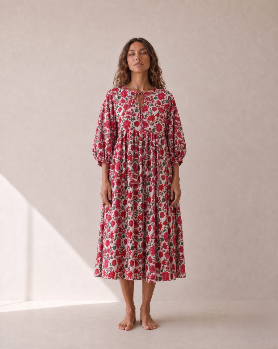 Model wearing the Rosette Bloom hand block print midi dress