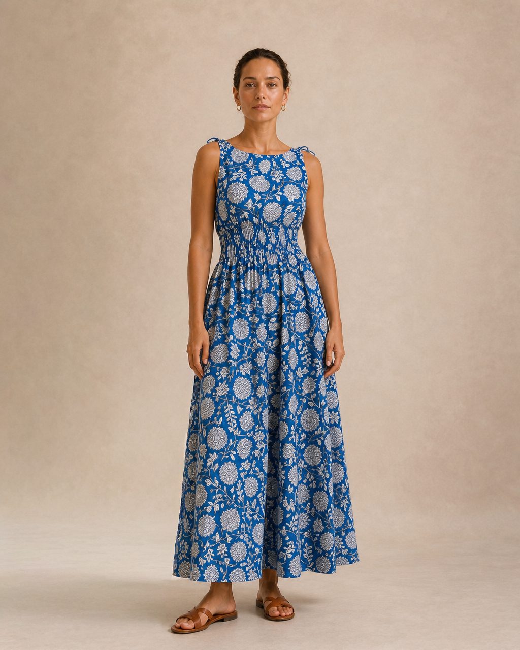 Model wearing the Blue Chrysanthemum hand block print maxi dress